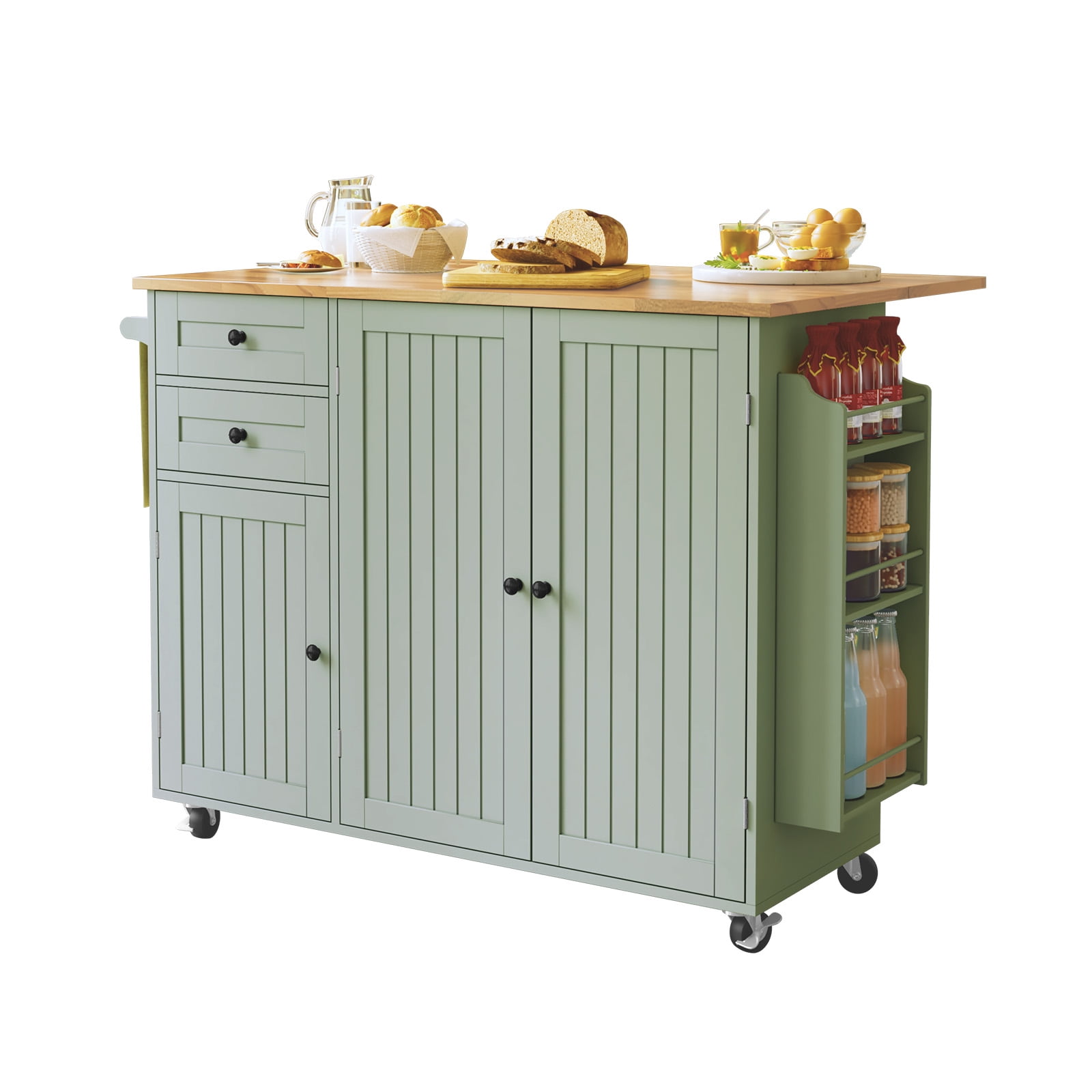 CBJCBJ 50.4" Kitchen Island with Storage, Wood Top Cart with Drop Leaf and Wheels, Green