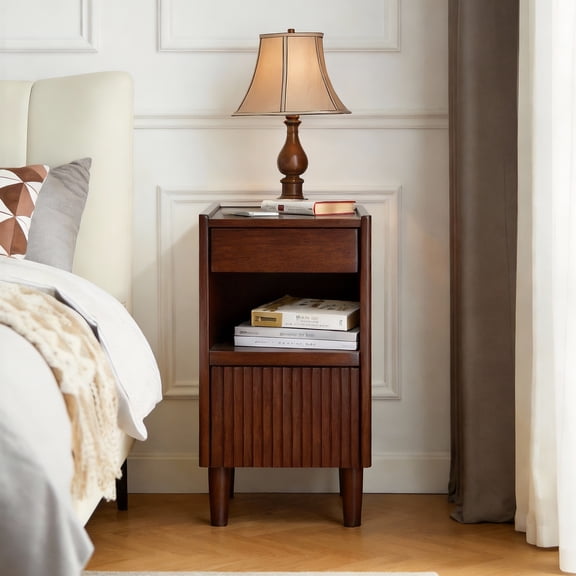 DRNANLIT Wooden Nightstand with 1 Drawer and Open Shelves, Solid Rubber Wood Side Table with Cord Hole, Lamp Stand for Bedroom