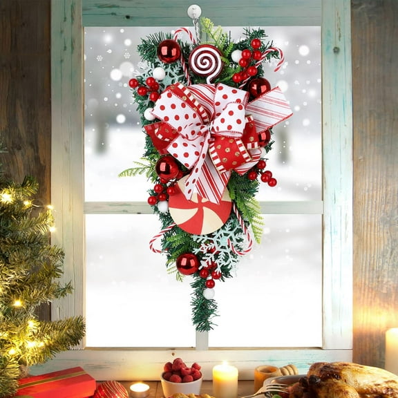 Christmas Candy Cane Wreath for Front Door Red White Teardrop Candy Cane Christmas Stairway Decorations Christmas Wreath with Candy Cand Christmas Ball Onrnament for Home Indoor Decor