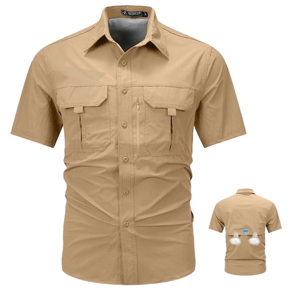 Sewkxo Men's Short Sleeves Fishing Shirts Button Down Summer Travel Work Shirts with Zipper Pockets,Khaki L
