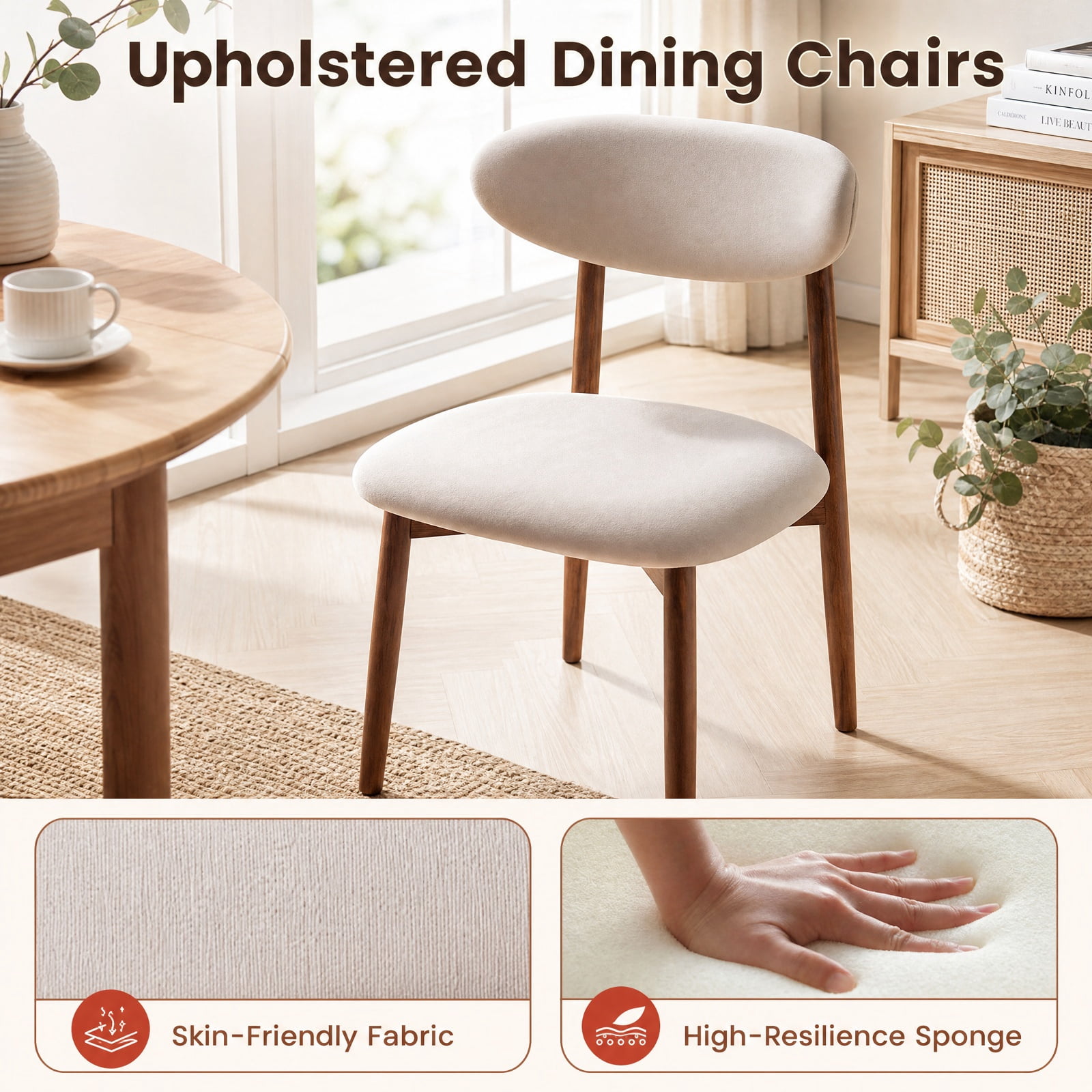 Furnibear Fabric Upholstered Dining Chairs Set of 2 with Curved Backs and Solid Rubber Wood Legs for Kitchen and Farmhouse Dining Room, Beige