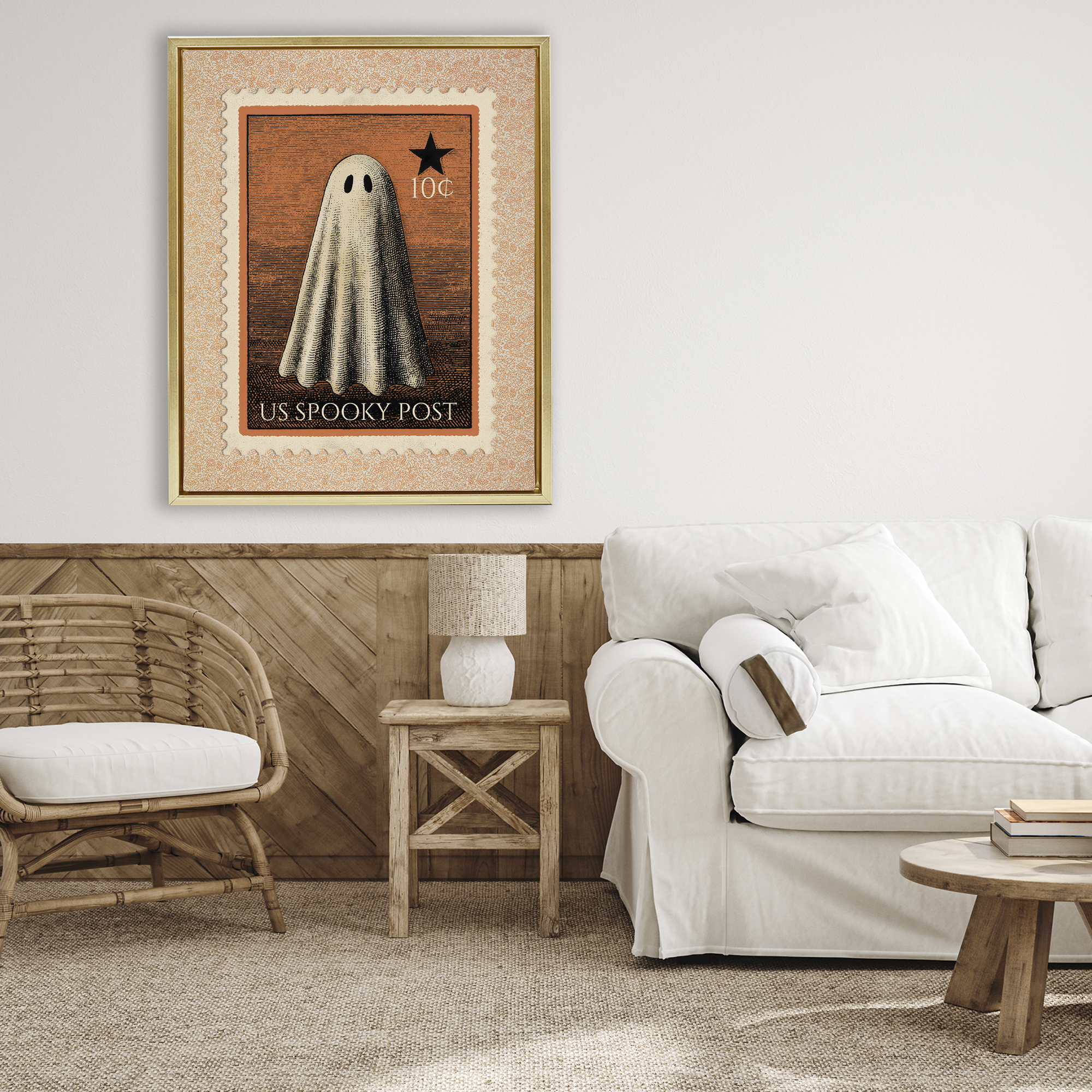 Vintage Ghost Stamp Gold Framed Floater Canvas Wall Art, design by Arlington Prints