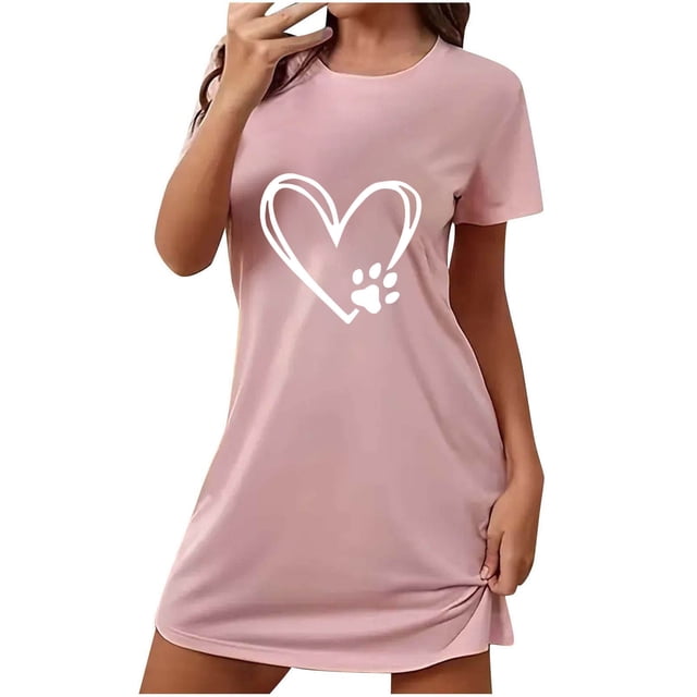 Chemise de Nuit Grande Taille, Chemise de Nuit Courte pour Femmes avec Imprimé de la Saint-Valentin, Robe de Détente Légère et Décontractée, Col Rond Manches Courtes pour l'Été à la Maison