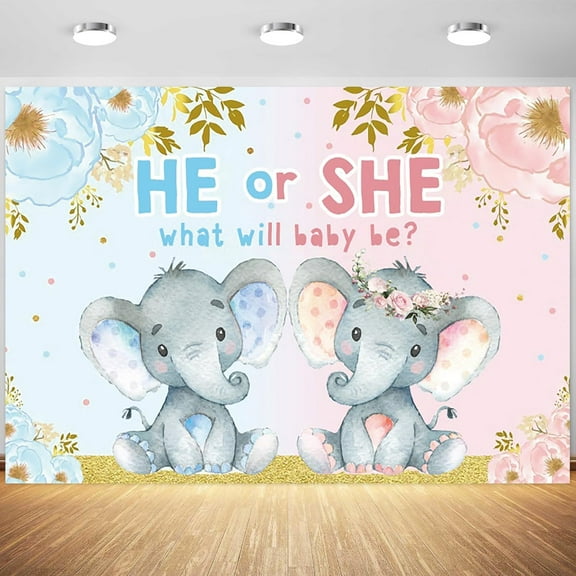 Elephant Gender Reveal Backdrop He or She What Will Baby Be Photography Background Boy or Girl Gender Reveal Party Banner Decorations Supplies Photo Booth Props