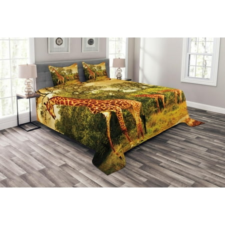 Seashore Themed Bedspreads Giraffe Bedspread Set, African Safari Animals Walking in the Green Forest Savannah Wildlife Theme, Decorative Quilted Coverlet Set with Pillow Shams Included, Dark Orange Green, by Ambesonne ()