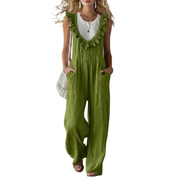 SAWOBUUN Women Sleeveless Ruffle Trim Wide Leg Jumpsuit Casual V Neck Cotton Loose Fit Overalls Summer Vacation Long Pants