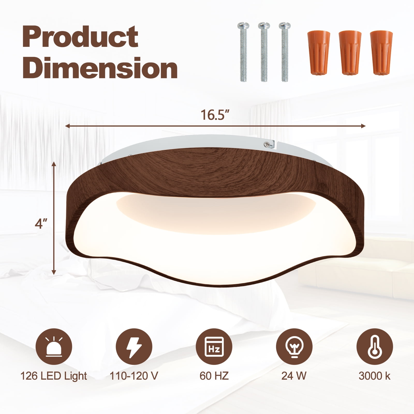 Giantex Round LED Flush Mount Ceiling Light, Ceiling Lamp w/Metal Frame, Brown
