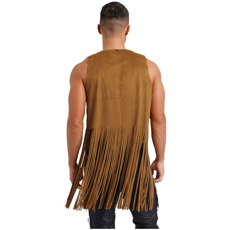 Zaldita Men s Hippie Fringe Long Waistcoat Cowboy Style Open Front Vest Outerwear Brown L Walmart
