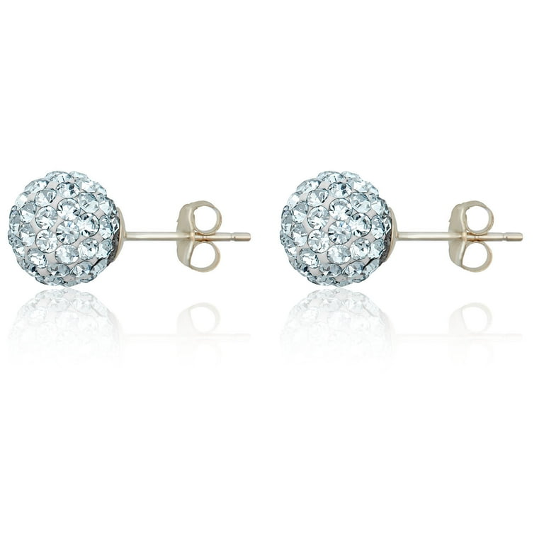 10K Yellow Gold White Swarovski Elements Crystal Ball Stud Earrings