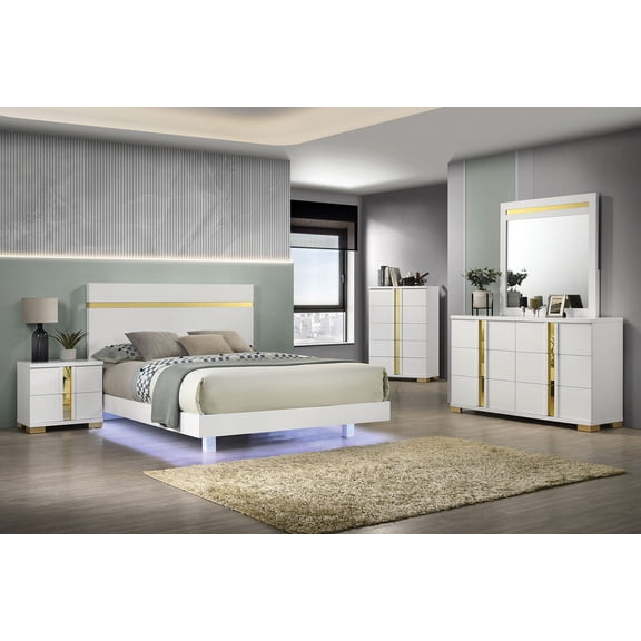 Modern White Color 4pc Bedroom Set Queen Size Bed w Underbed LED Dresser Mirror Nightstand Mattress Ready Bedframe