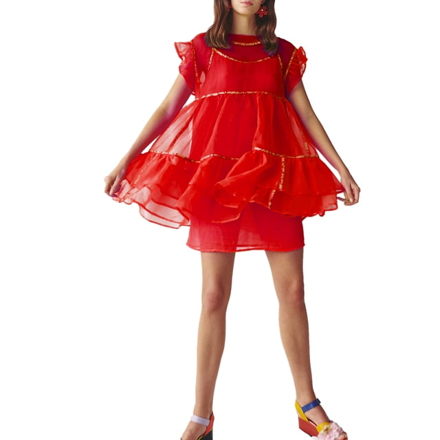 Sunloudy Vestido Corto Femenino, Color Sólido Cuello Redondo Manga Volante Con Volantes Traje De Verano Suelto De Una Pieza, S/M/L Sunloudy moda