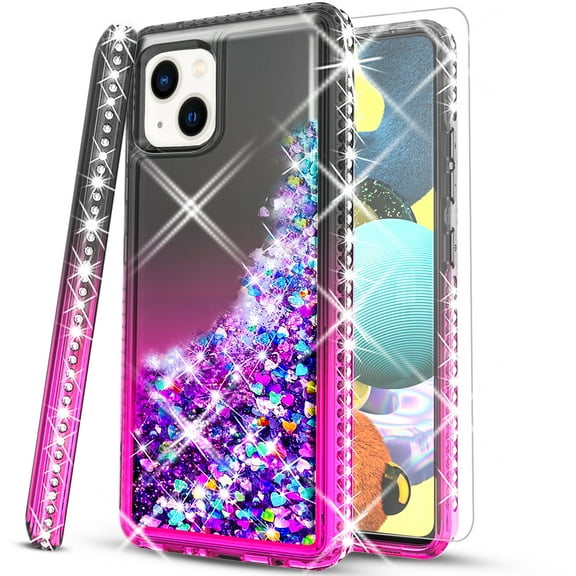 iPhone 13 Mini Case,  with [Tempered Glass Protector] Liquid Floating Glitter Quicksand Bling with Spot Diamond Cover -Black/Pink