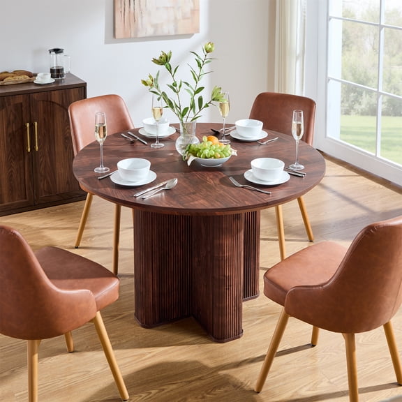 KeyWhat Fluted Round Dining Table for 4–6, 47" Mid-Century Modern Kitchen Table with Solid Wood Pedestal Base for Kitchen Living Room, Dark Walnut