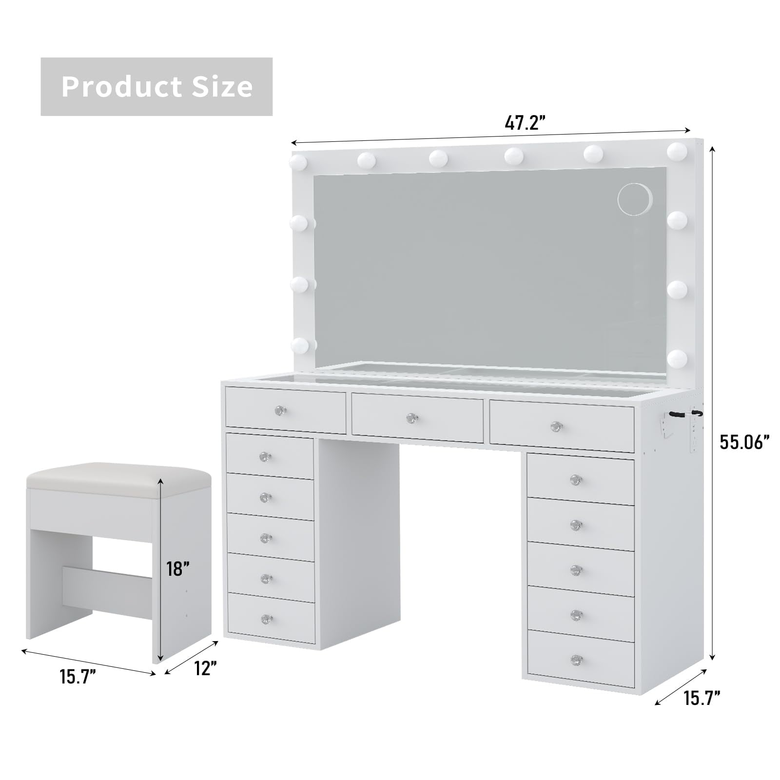 Yanosaku Vanity Desk with 13 Drawers, Glass Top, LED Lighting, Mirror, and Power Outlet