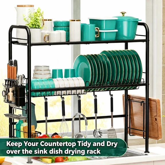SEENWUUN 2-Tier Multifunctional Over the Sink Dish Rack,Metal Kitchen Shelf Organizer with Drying Rack and Drainer for Kitchen Sinks