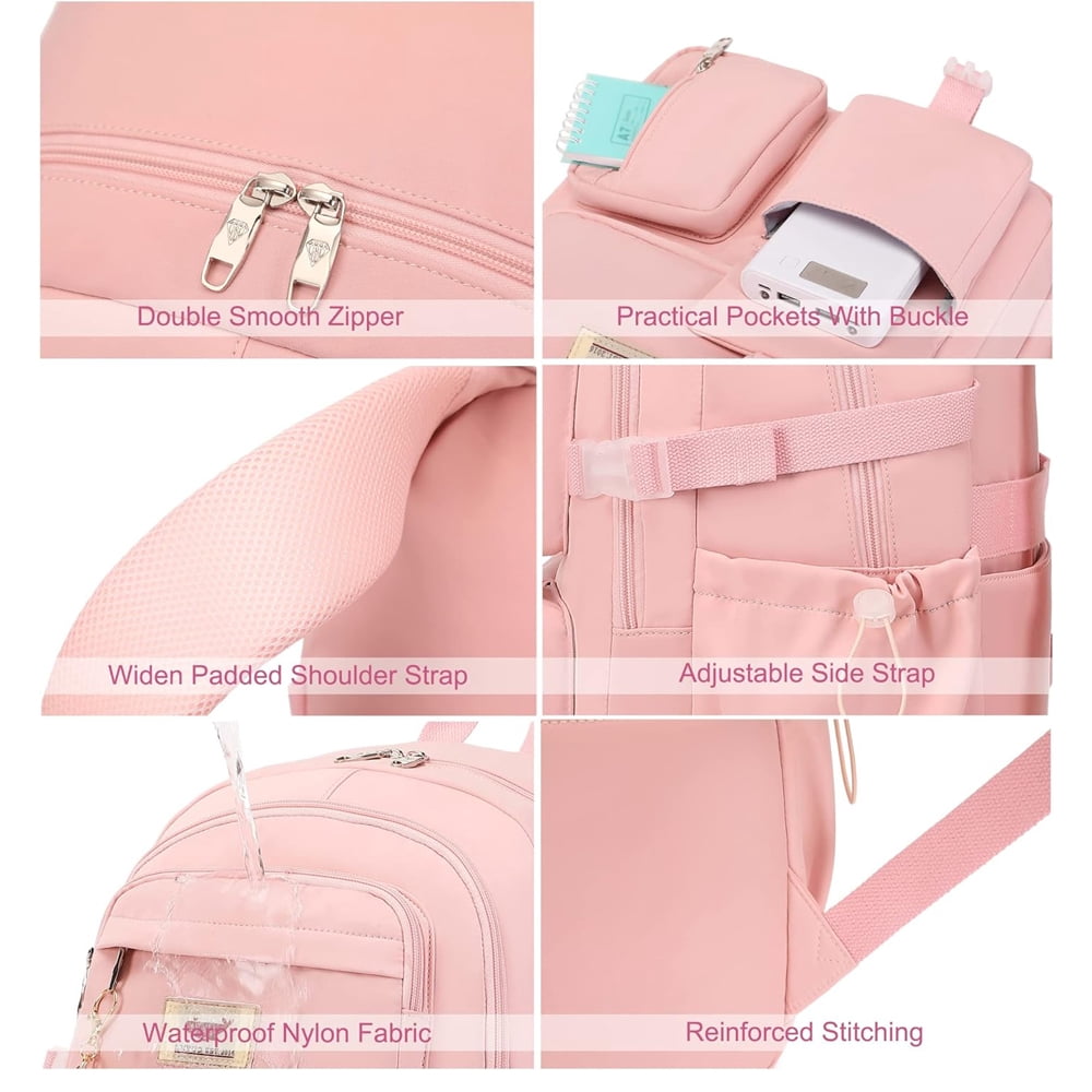 AO ALI VICTORY 3 Piece Backpack Set Laptop Backpack 15.6 inch Junior High Backpack College Backpack Anti-theft Travel Backpack Large Teenage Ladies（Pink)