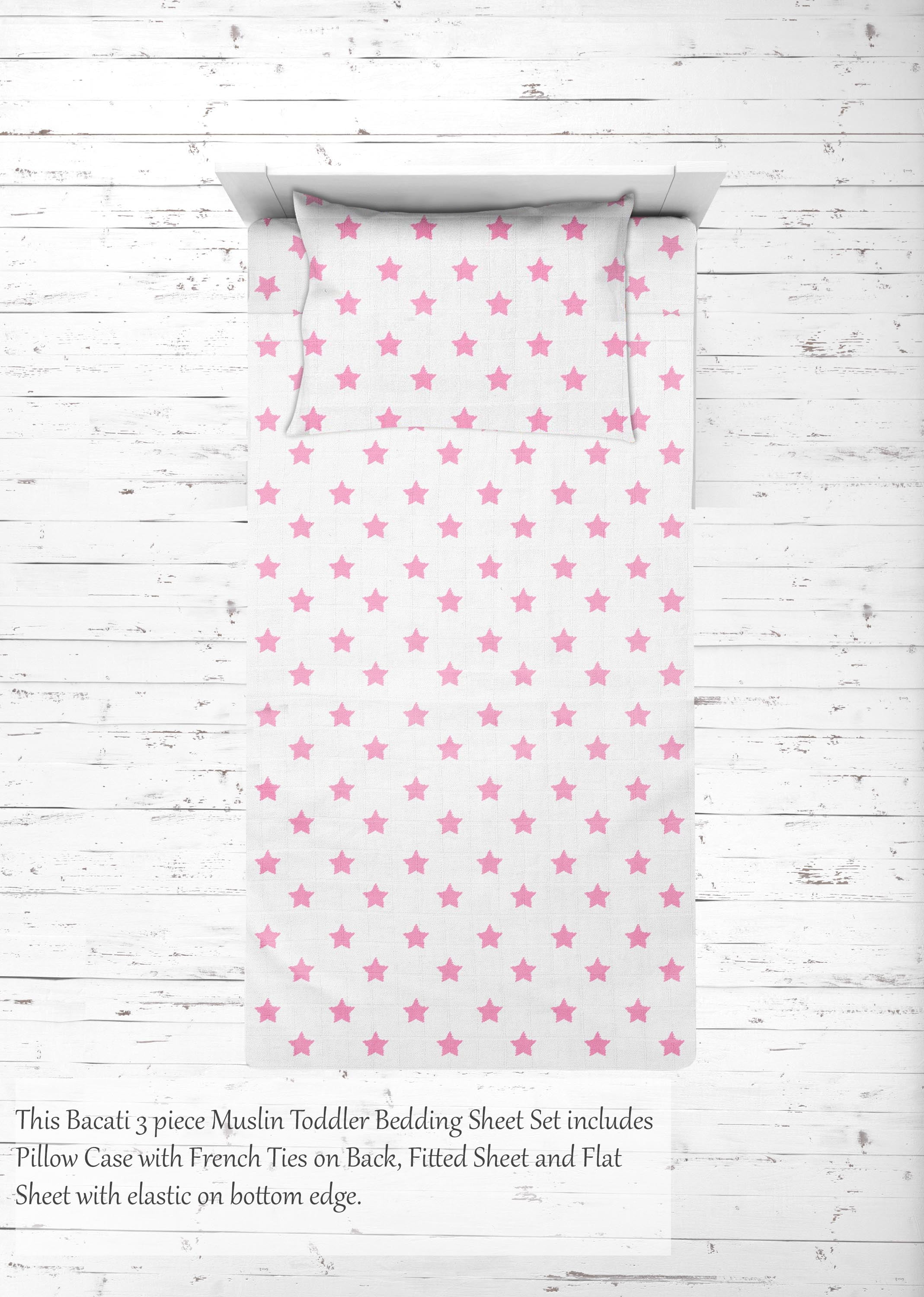 Bacati - Stars 100% Cotton breathable Muslin 3-Piece Toddler Bedding Sheet Set, Pink