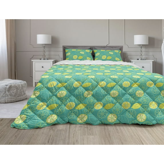 Summer Comforter & Sham Bedding Set, Pattern of Halved and Whole Lemons Citrus, 3 pcs Duvet Set Microfiber Filling Quilt, 5 Sizes, Yellow Shamrock Green, by Ambesonne