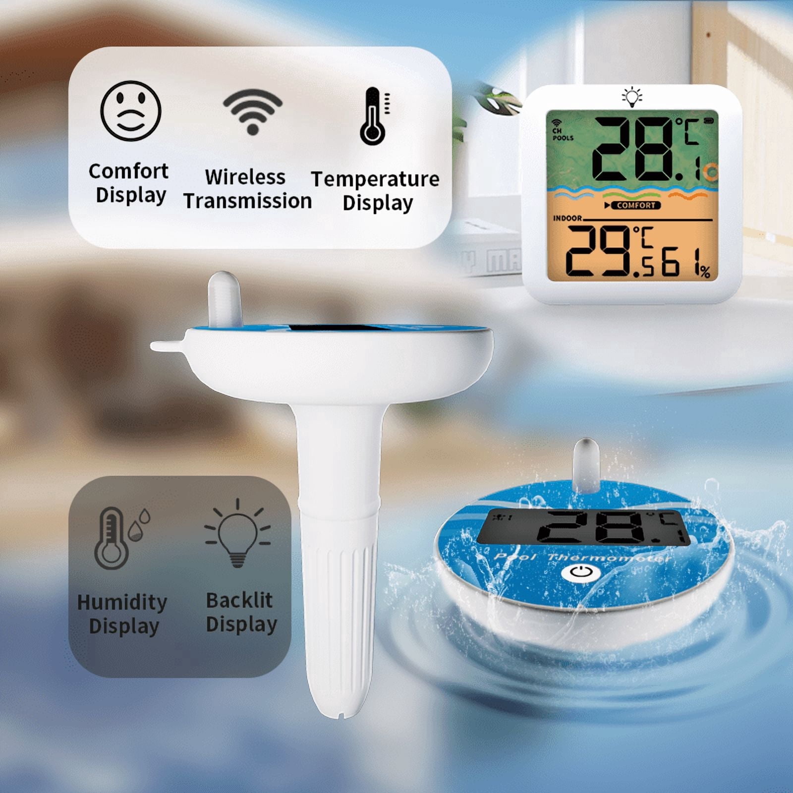 Wireless Pool Thermometer with Receiver, Floating Digital Water Thermometer for Swimming Pool, Hot Tub & Spa, Accurate Temperature Sensor, Indoor Outdoor