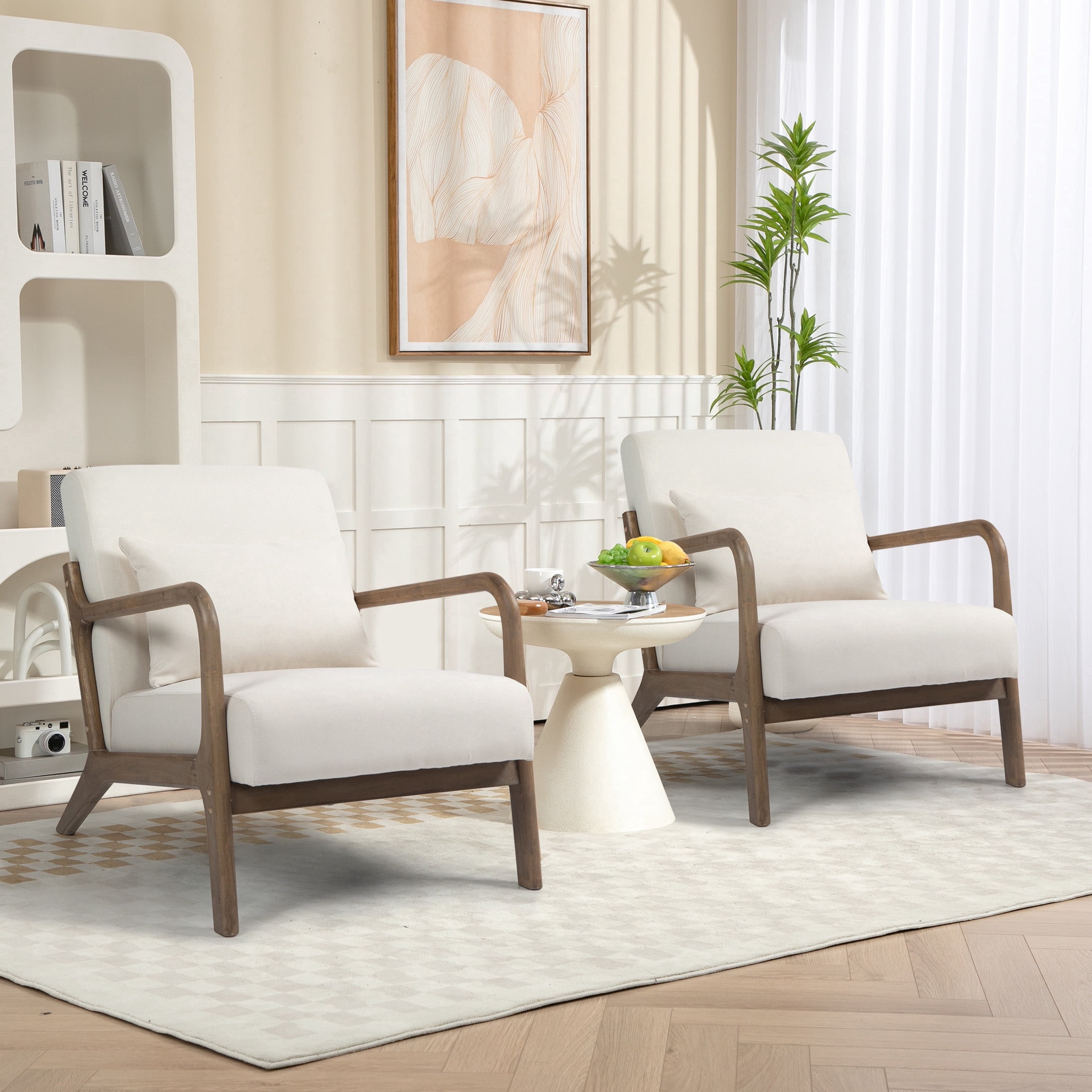 PAPROOS Accent Chair Set of 2, Mid-Century Modern Armchair with Solid Wood Frame and Pillow, Velvet Fabric Upholstered Reading Chair for Living Room Bedroom, White
