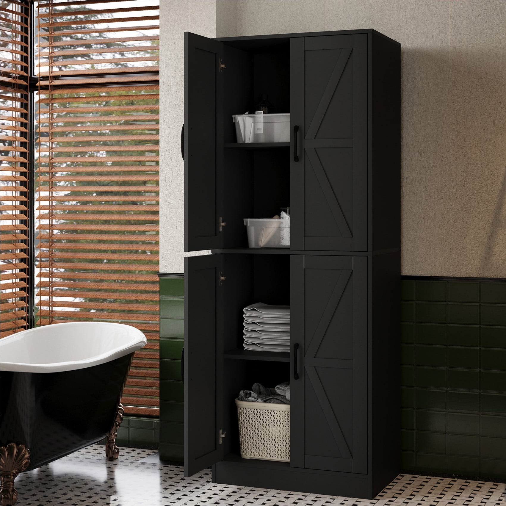 BOCVKENN Kitchen Pantry Cabinet, 67.7" Tall Wood Storage Cabinet with 4 Doors and Shelves Freestanding Cupboard for Dining Room Living Room Bathroom,Black