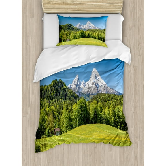 Germany Duvet Cover Set, Bavarian Alps Village of Berchtesgaden and Watzmann Germany, Decorative 2 Piece Bedding Set with 1 Pillow Shams, Twin Size, Forest Green Fern Green, by Ambesonne