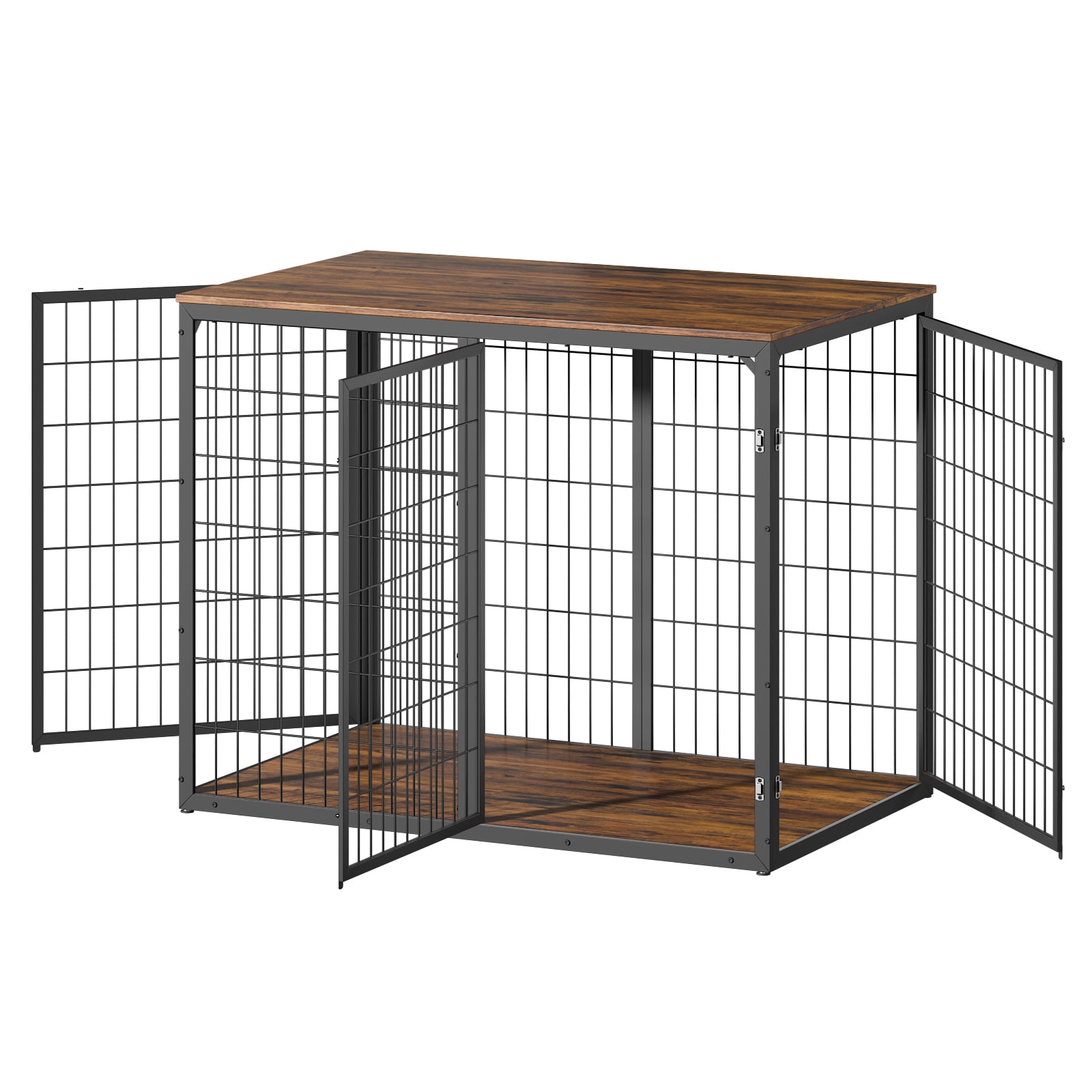Dog Crate Furniture, Three Door Kennel, Rustic Brown Pet House with Ventilated Metal Frame and Storage Top, Large Dog Cage for Living Room, 47 Inch Brown