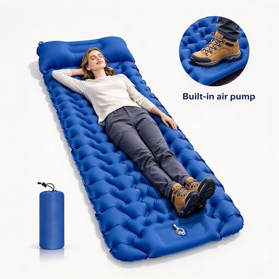 BN-LINK Camping Sleeping Pad, Inflatable Camping Mattress with Built-in Foot Pump & Pillow, Compact Sleeping Pad for Camping, Tent, Backpacking, Hiking,Blue