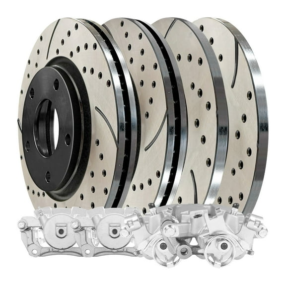 AutoShack Front & Rear Drilled & Slotted Brake Rotors Calipers | Replacement for 2006-2008 Pontiac G6 2004-2008 Chevrolet Malibu 2.2L 2.4L 3.5L V6 FWD | E-Coated | 8-PC Brake Kit | ShadowGuard