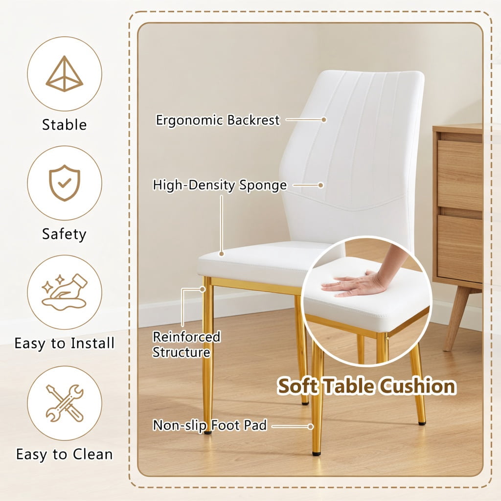Hommoo 4-Pack Modern Dining Chairs, 37 in Tall, Ergonomic PU Leather Backrest, Sturdy Metal Frame, Easy-Clean Design for Kitchen or Dining Room, White & Gold