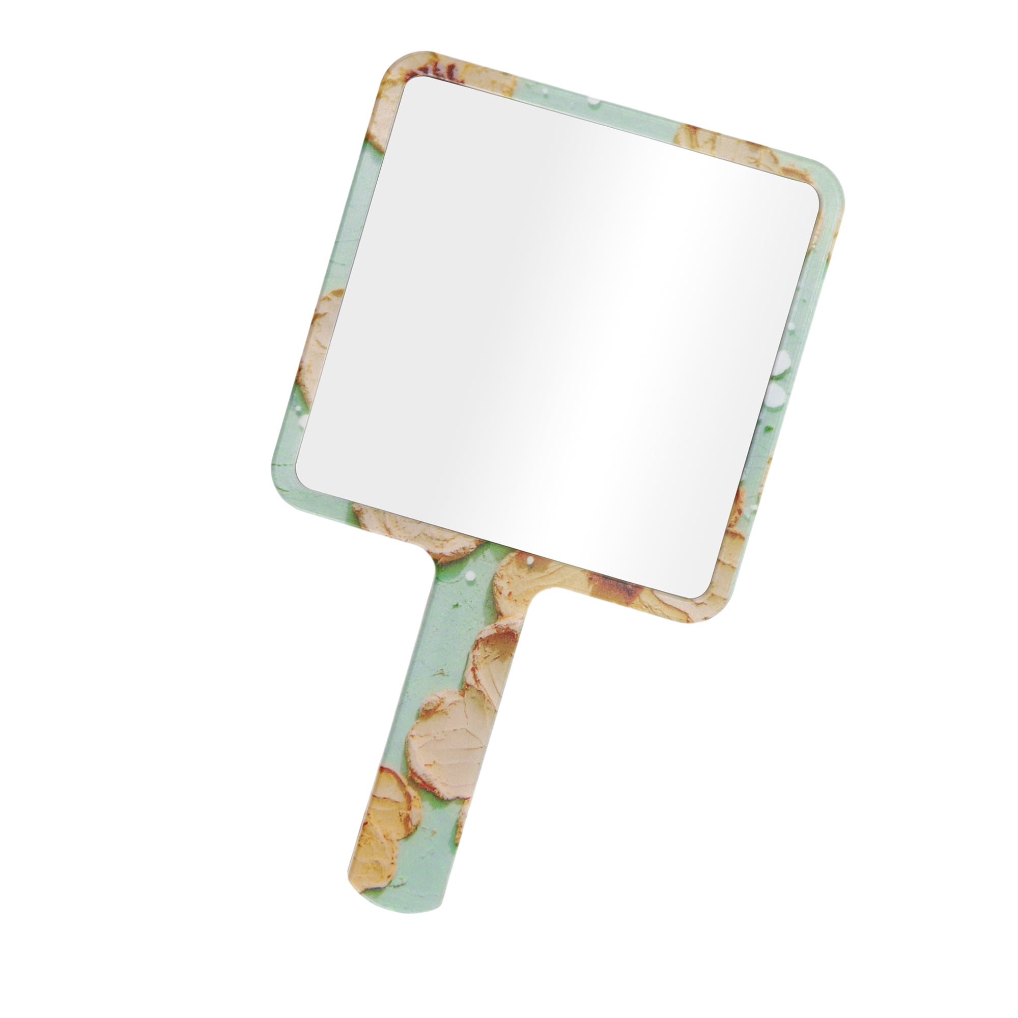 Unique Bargains 1 Pc Women Floral Square Handheld Mirror for Business Travel Green Yellow
