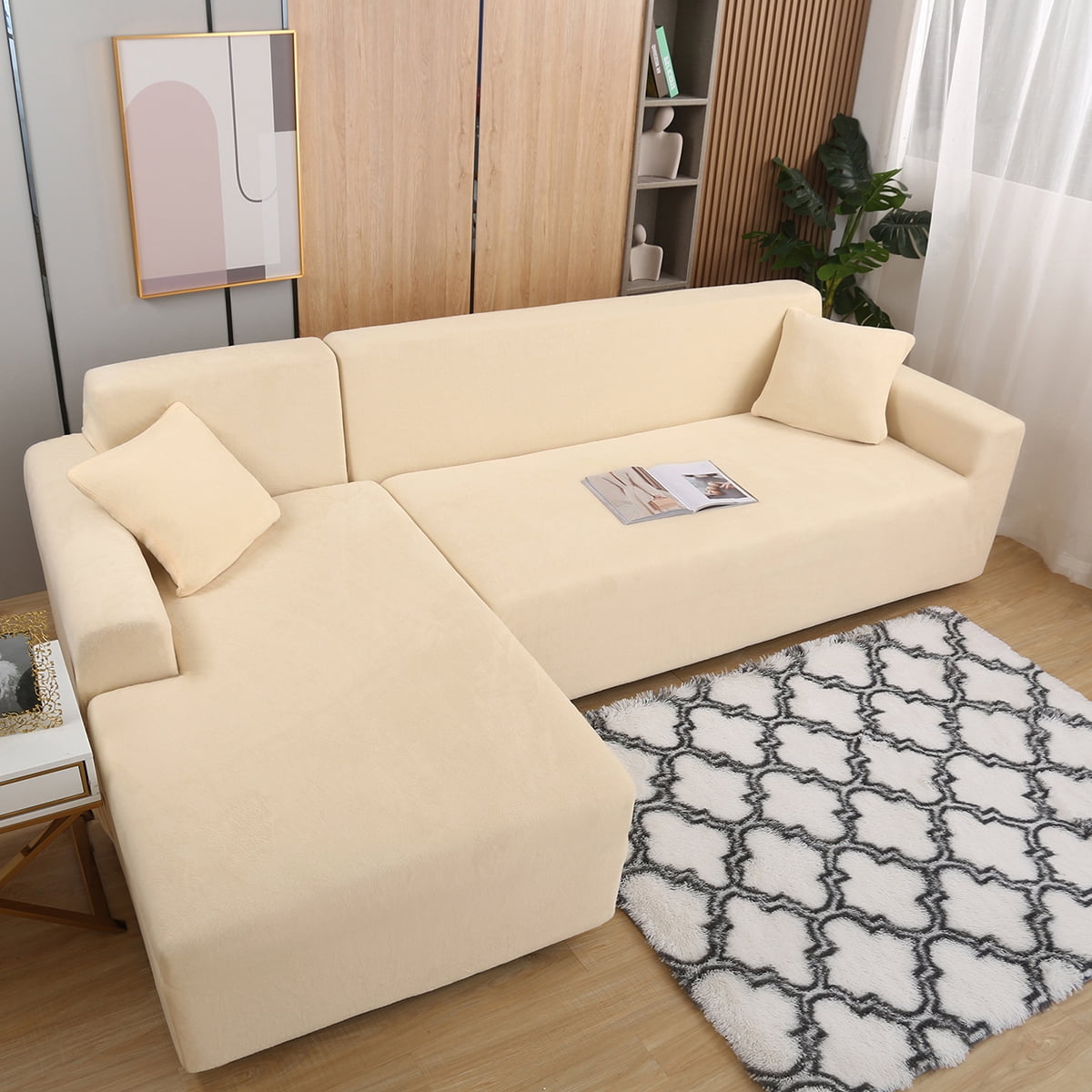 Eurhowing Sectional Couch Covers L-Shaped Sofa Covers, Velvet Super Stretch 2Pcs Sofa Slipcovers for 3 + 3 Seaters, Softness Corner Couch Cover, Beige