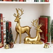 2PCS Reindeer Christmas Decor, Standing Sitting Deer Figurines, Small Reindeer Christmas Table Decorations, Indoor Xmas Table Decor for Home Holiday Desktop Bookshelf Office(Gold)