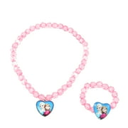 Elsa Anna frozen Pink Bead Stretch Necklace and Bracelet Heart Pendant Jewelry Set, FB-4P