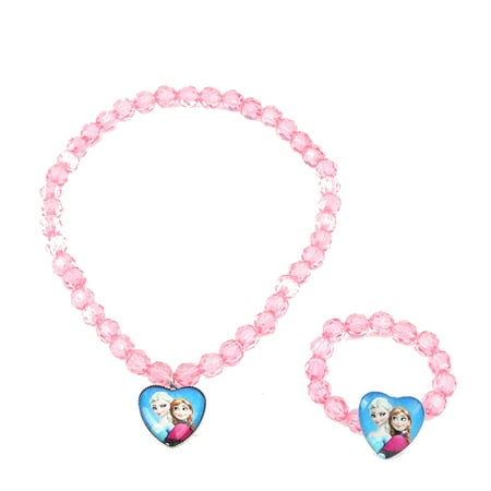 Elsa Anna frozen Pink Bead Stretch Necklace and Bracelet Heart Pendant Jewelry Set, FB-4P