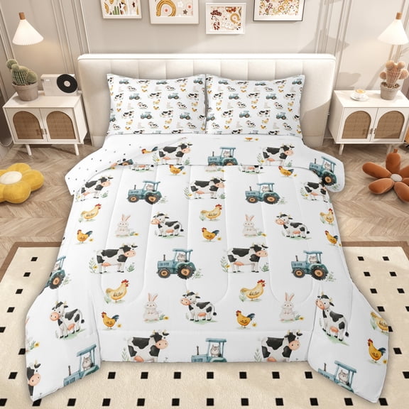 Erosebridal Farm Cow Animal Kids Full Size Comforter Sets, Cartoon Truck Bedding Sets, 3 Pieces