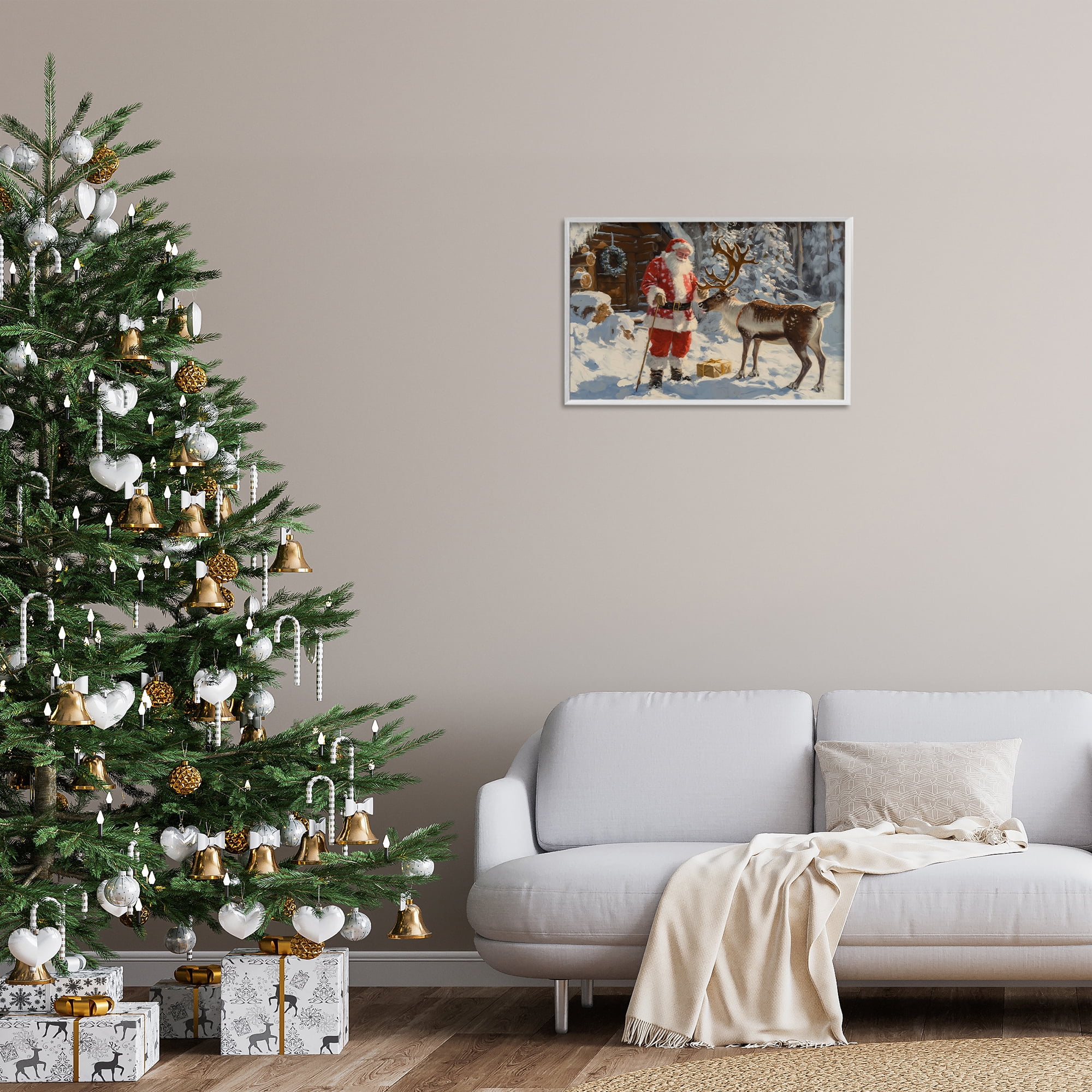 Stupell Industries Santa with Reindeer Scene Holiday Painting White Framed Art Prints Wall Art, 24 x 16