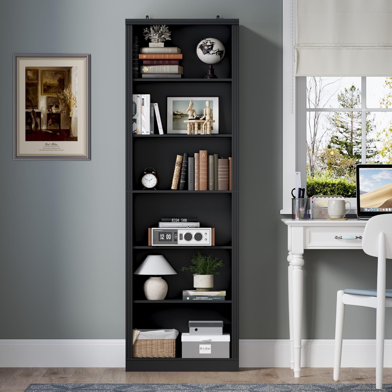 PUFFCAFE 75" Tall Bookcase,24" Wide Wood Book Shelf,6 Tier Display Storage Shelves,Black Bookshelf for Home Office Living Room Bedroom Study