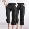 thumbnail image 2 of LAJPXKHY 2pc Cotton Linen Capris for Women High Waist Elastic Drawstring Straight Leg Pants Lightweight Casual Cropped Pant with Pockets, 2 of 6