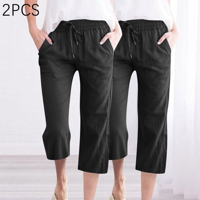 Simua Pantalon Capri pour Femmes Été Grand Jambe avec Poches 2 Pcs