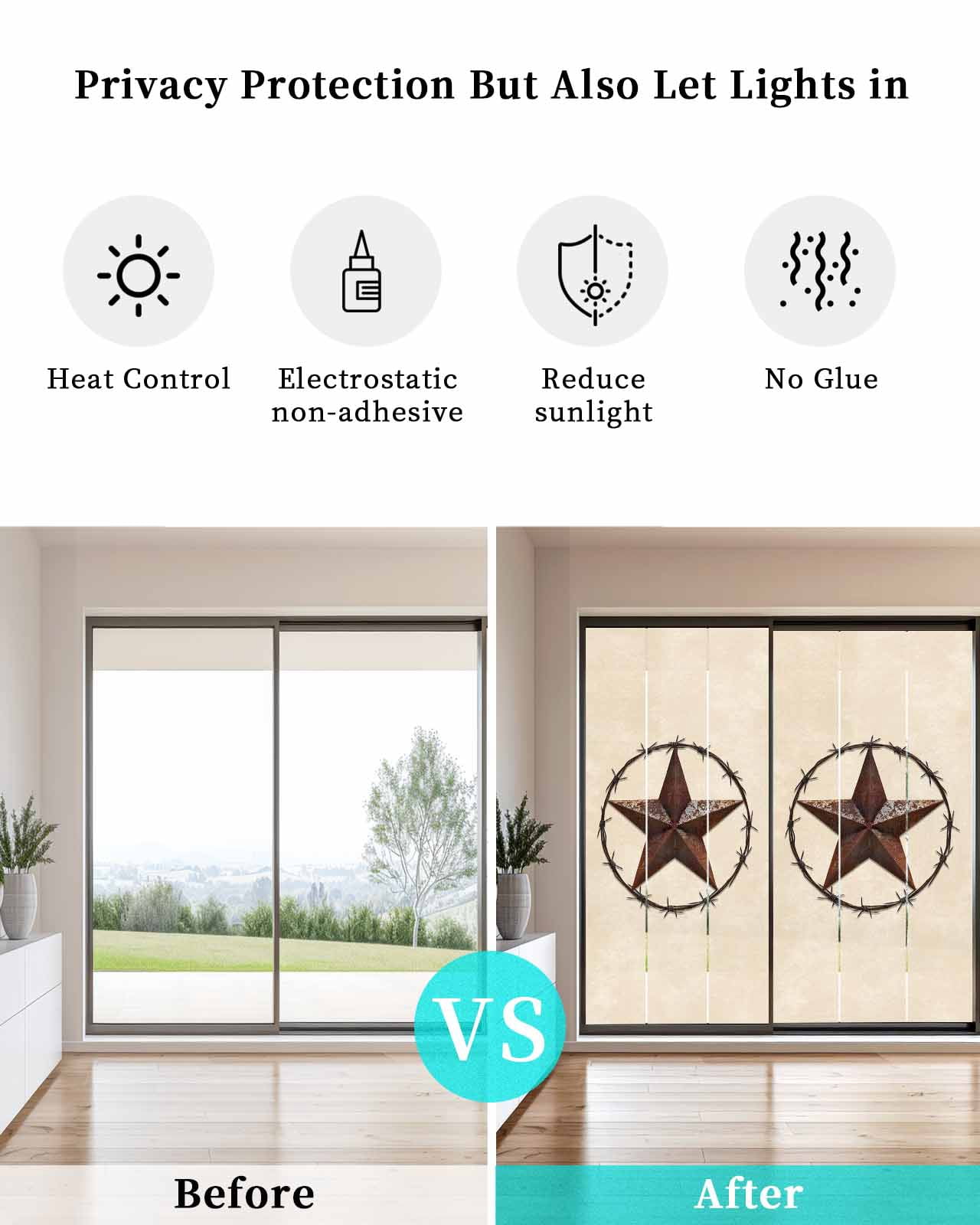 Window Privacy Film Texas Star Farmhouse Stained Glass Window Film Decorative Sun Block Window Cover Western Country Stars Retro Window Clings Static Adhesive Sticker for Bathroom 23.6"x59"