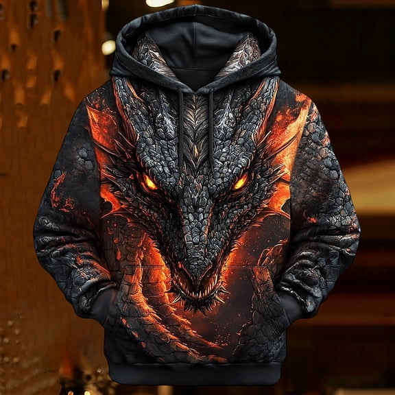 CONZONE Mens Casual Hoodies Long Sleeve Pullover Hoodie for Men Dragon Graphic Y2K Hooded Sweatshirts With Pocket