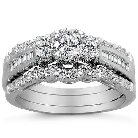 1 Carat Three-Stone Diamond 14kt White Gold Bridal Set