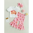 thumbnail image 2 of Wassery Kids Girls Summer Outfits Letter Print Short Sleeve Tops Crew Neck T-shirt with Plaid/ Rainbow Flare Long Pants Headbands  3Pcs Toddler Clothes Set 6M-5T, 2 of 8