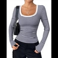 thumbnail image 3 of Camisas de Larga con Cuello Redondo para Mujer, Blusas Informales de Punto Acanalado de Corte Ajustado, Camisetas Básicas de Trabajo para Verano y Otoño. Azul Marino M, 3 of 8