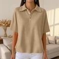 thumbnail image 5 of Women's Waffle Knit Short Sleeve Button Down Collared Polo Shirt Casual Loose Fit Tops for Spring Khaki XL, 5 of 6