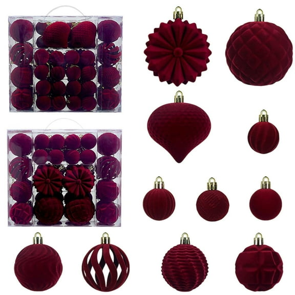 HomeDM 48Pcs Velvet Christmas Balls Ornaments Shatterproof Plastic Flocked Balls Xmas Tree Hanging Pendant Decorative Balls Assorted Styles in 1.57/2.36/3.15Inch Velvet Balls Red