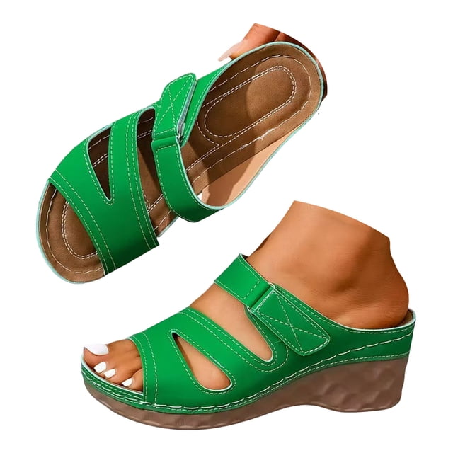 OJSFQUFP Women's Wedge Thick Soled Slip Outdoor Sandals Solid Color Hollow Out Toe Elastic Band Sandals