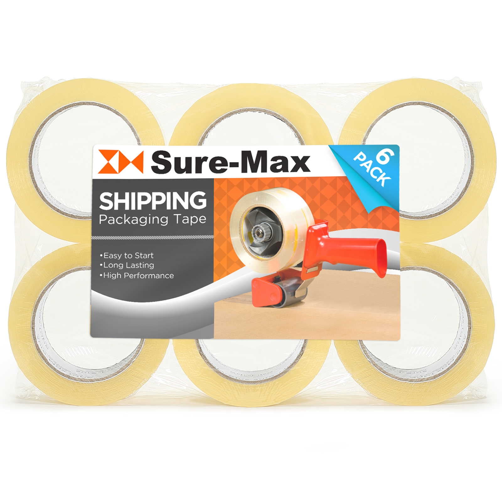 Sure-Max 6 Rolls Extra-Wide Shipping & Packing Tape (3' x 110 yard/330' each) - Moving & Adhesive Carton Sealing - 2.0mil Clear