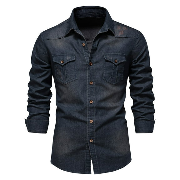 PuLe Mens Long Sleeve Top Men's Motorcycle Denim Distressed Solid Color Pocket Button Long Sleeved Lapel Shirt